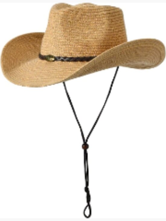 Accessories - Straw Cowboy Hat with Wide Brim and Adjustable Chin Strap